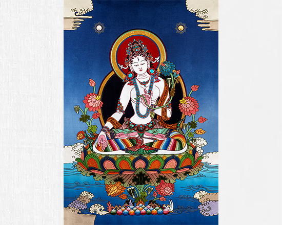 White Tara Applique Thangka – Traditional Tibetan Nepali Thangka Art